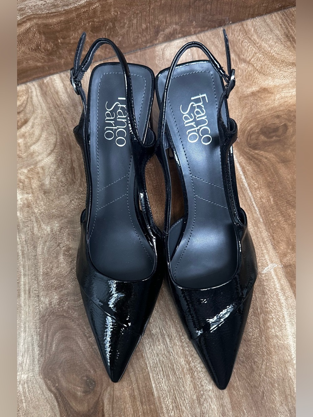 Franco Sarto Black Patent Leather Pointed-Toe Slingback Heels
